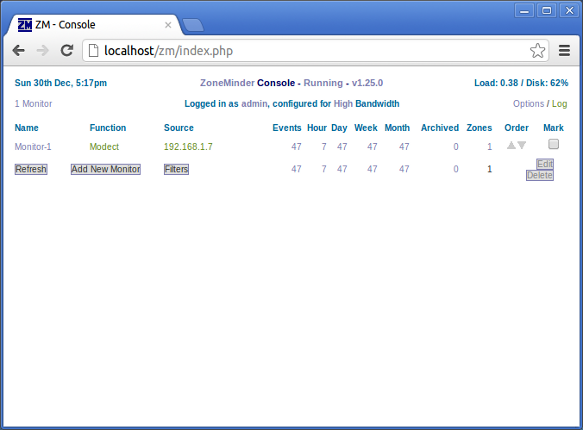 Image of the Zoneminder console in a web browser