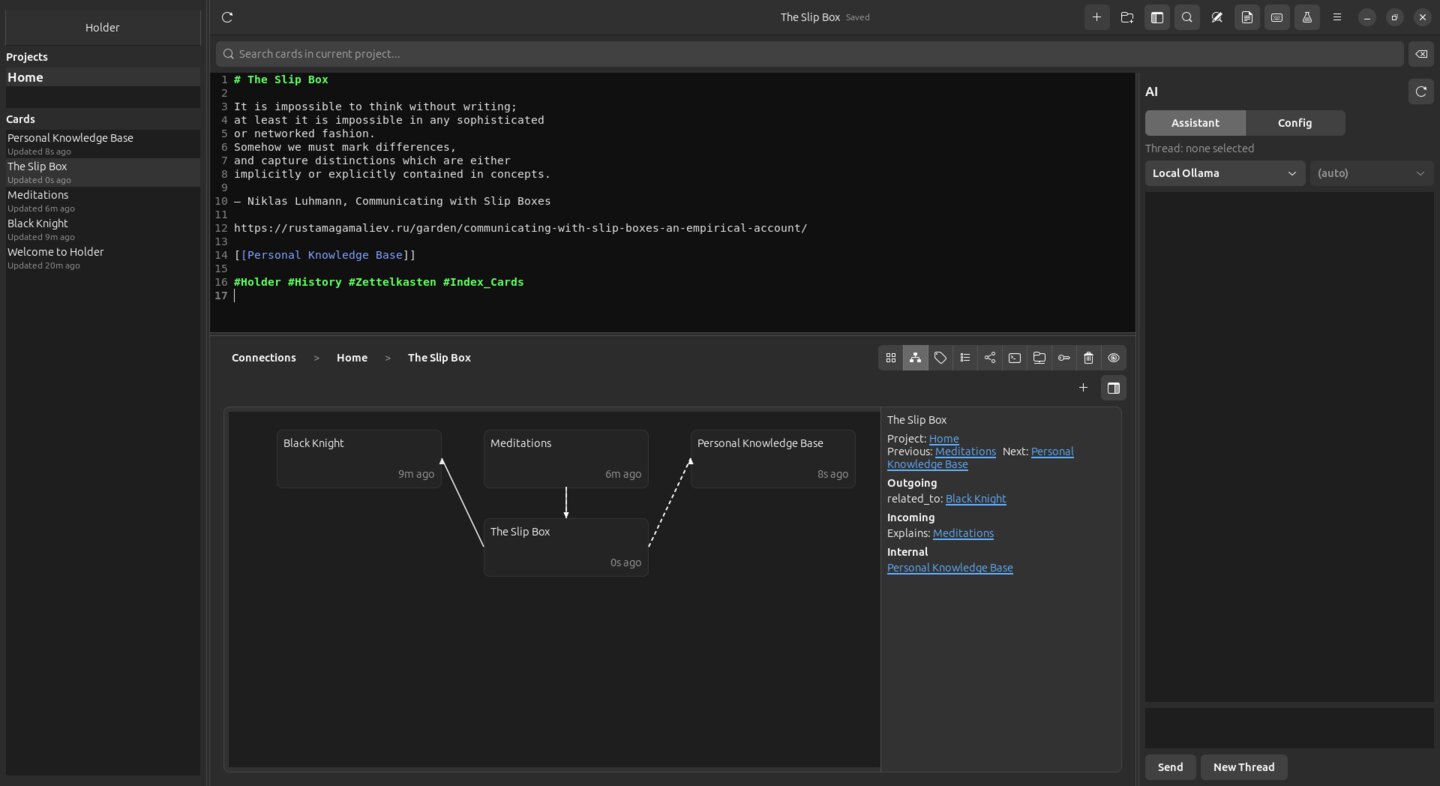 Holder desktop app: a card open in the editor, a graph of its connections to other cards below, and an AI assistant panel alongside